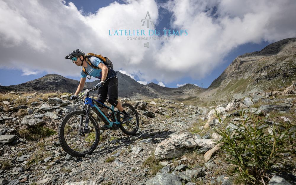 Biker in action on a rocky alpine trail