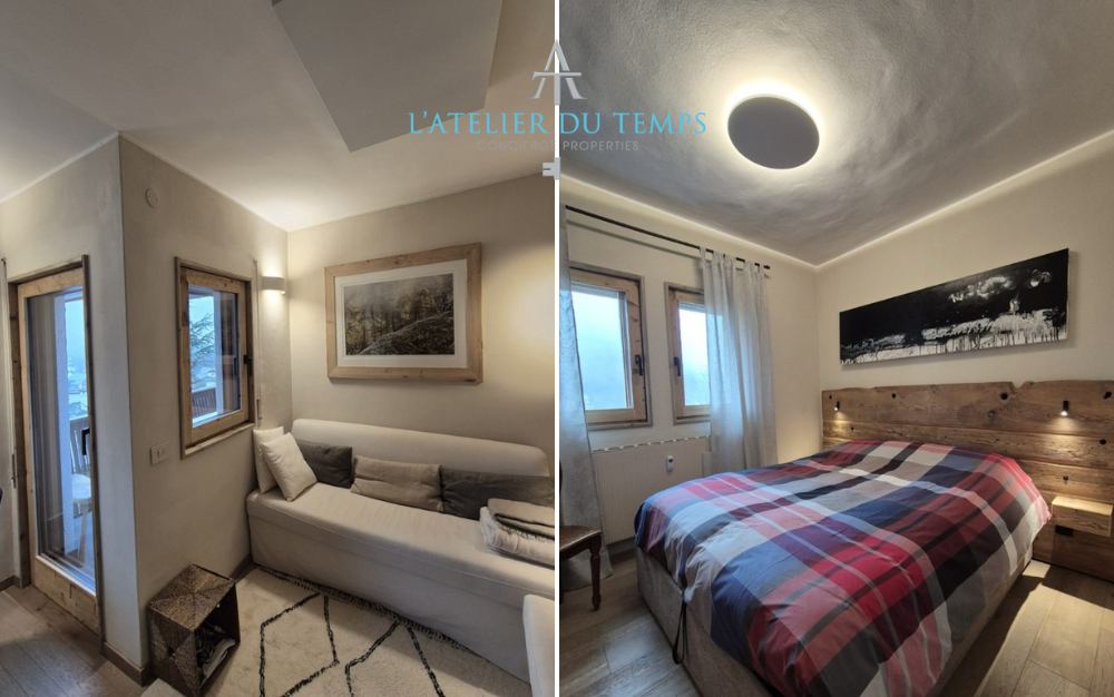 Esprit du Mont Blanc Courmayeur – Living Area and Double Bedroom in a Modern Holiday Home in Valle d'Aosta