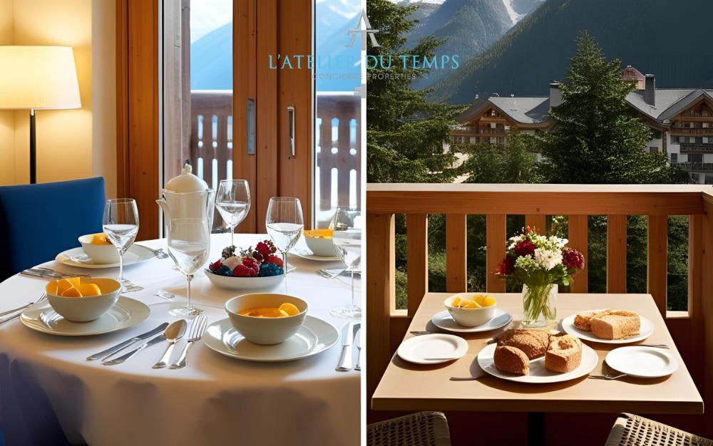 Breakfast in a hotel room versus breakfast on an apartment balcony in Aosta Valley.