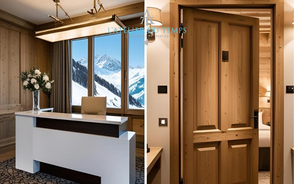 Alpine hotel reception versus private entrance of a short-term rental apartment in Aosta Valley.