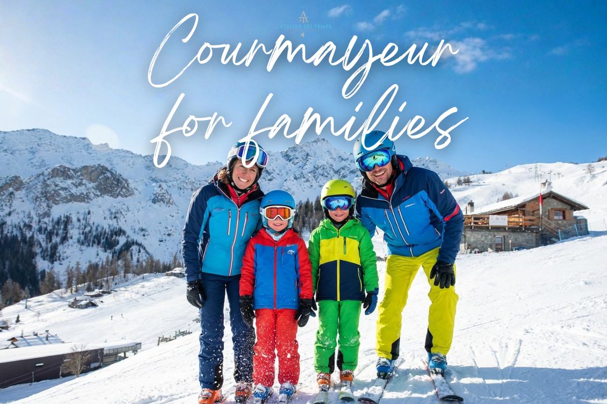 Family skiing with children in Courmayeur during a winter holiday